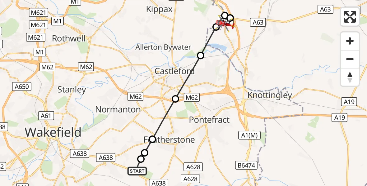 Flight route Air Ambulance Helicopter YAA Nostell Helicopter Port - South Milford, 23 August 2026, 14:21