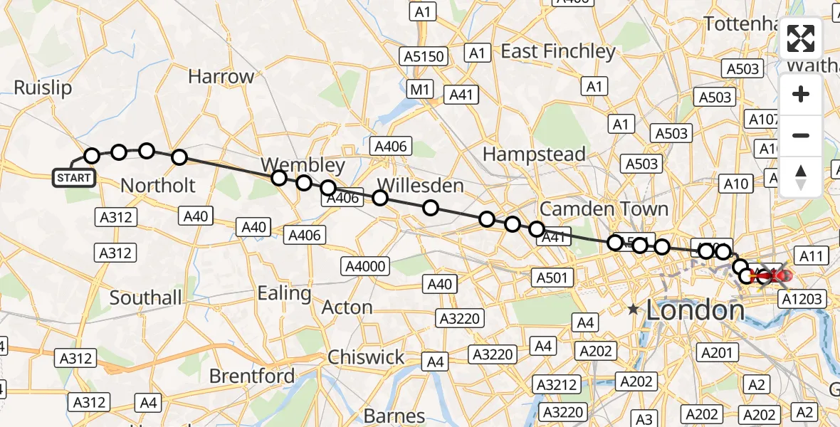 Flight route Air Ambulance Helicopter RAF Northolt - Royal London Hospital, 23 August 2026, 14:26