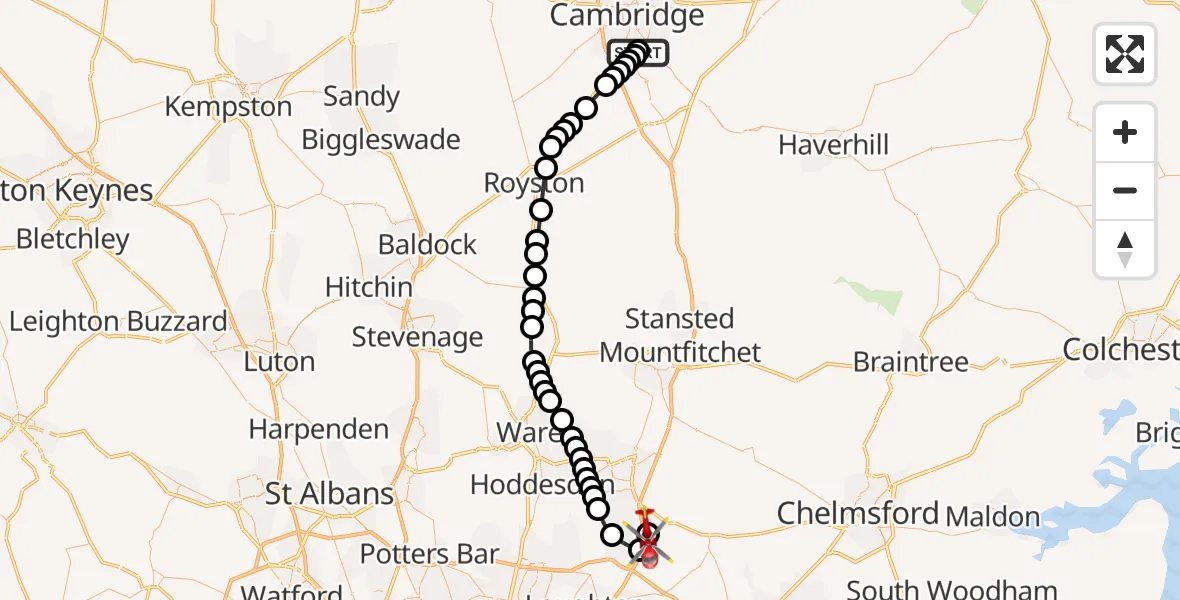 Flight route Air Ambulance Helicopter Papworth Hospital - Coopersale, 23 August 2026, 14:41
