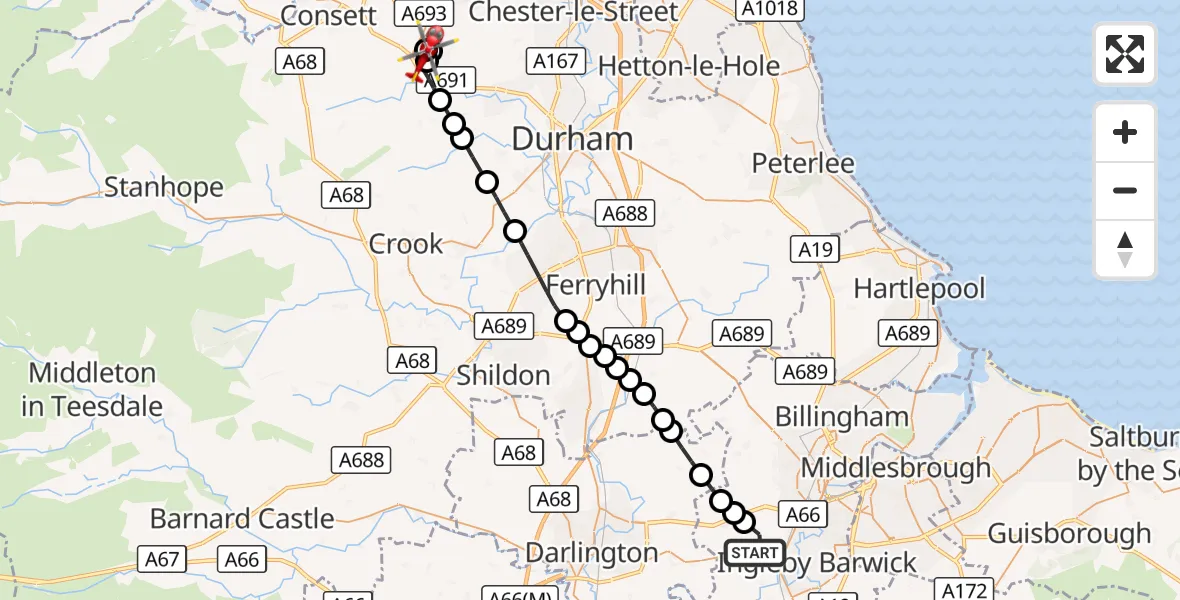 Flight route Air Ambulance Helicopter Egglescliffe - Burnhope, 23 August 2026, 14:43