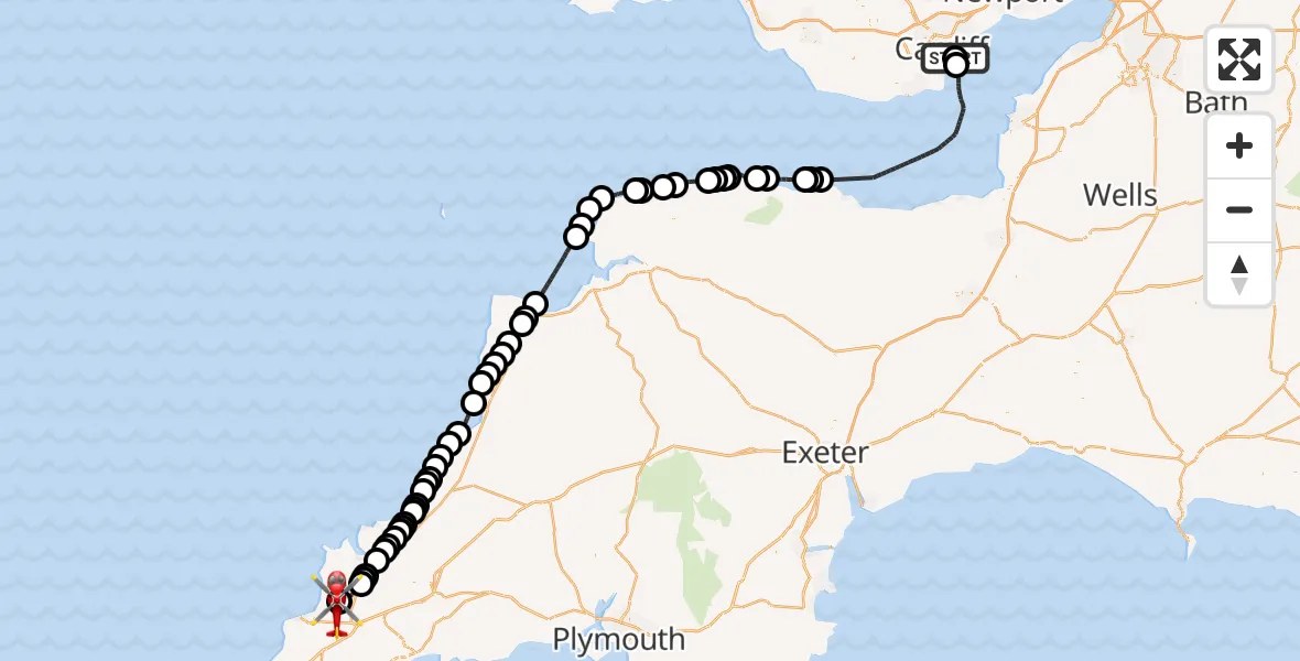 Flight route Air Ambulance Helicopter Cardiff Heliport - Cornwall Airport Newquay, 23 August 2026, 14:44