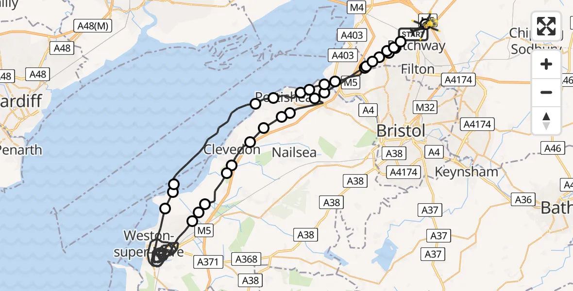 Flight route Police Helicopter Patchway - Almondsbury Helicopter Base, 23 August 2026, 14:44