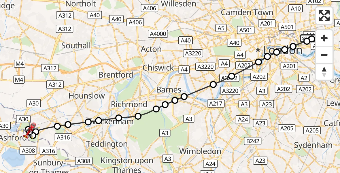 Flight route Air Ambulance Helicopter Royal London Hospital - Bedfont, 23 August 2026, 15:01