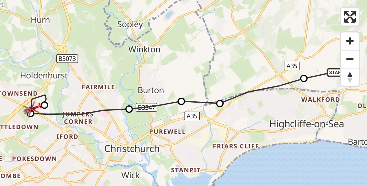 Flight route Air Ambulance Helicopter New Milton - Royal Bournemouth Hospital, 23 August 2026, 15:05