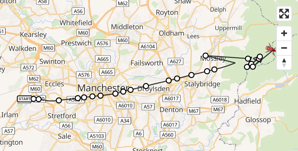 Flight route Air Ambulance Helicopter Manchester Barton Aerodrome - Tintwistle, 23 August 2026, 15:13