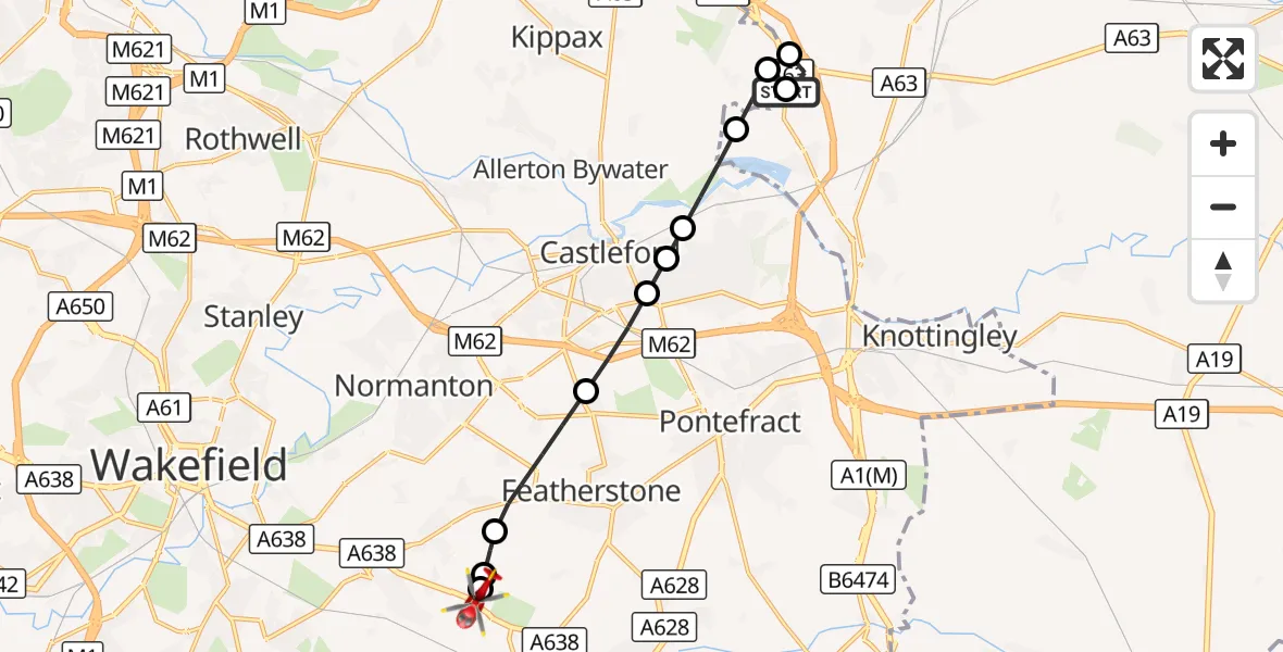 Flight route Air Ambulance Helicopter Fairburn - YAA Nostell Helicopter Port, 23 August 2026, 15:18