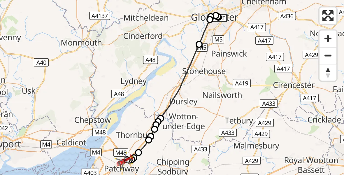 Flight route Air Ambulance Helicopter Gloucester Royal Hospital - Almondsbury Helicopter Base, 23 August 2026, 15:26