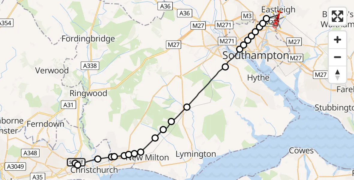 Flight route Air Ambulance Helicopter Royal Bournemouth Hospital - Southampton Airport, 23 August 2026, 15:40