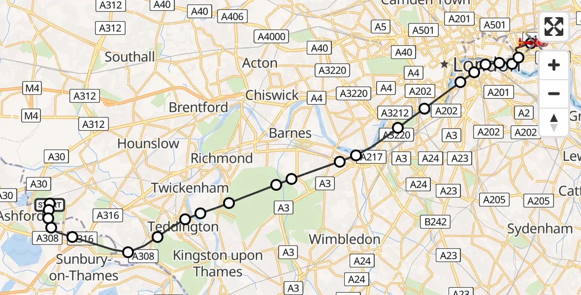 Flight route Air Ambulance Helicopter Bedfont - Royal London Hospital, 23 August 2026, 15:42