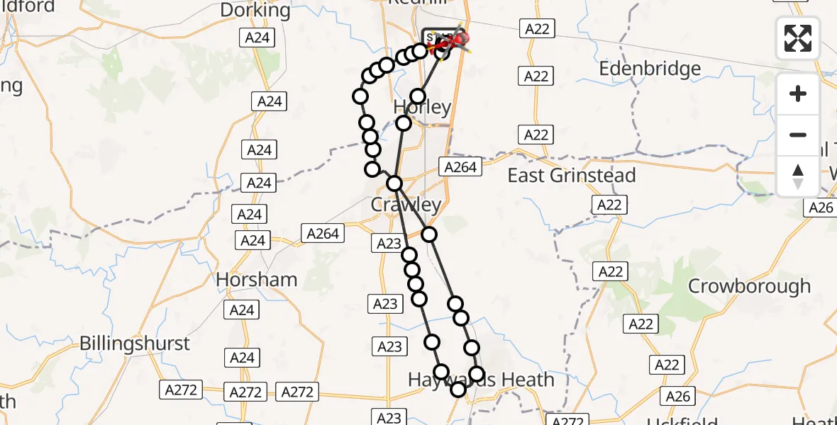 Flight route Air Ambulance Helicopter Redhill Aerodrome - Tandridge, 23 August 2026, 15:50