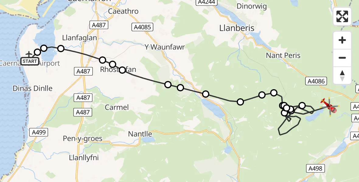 Flight route Air Ambulance Helicopter Caernarfon Airport - Beddgelert, 23 August 2026, 16:00
