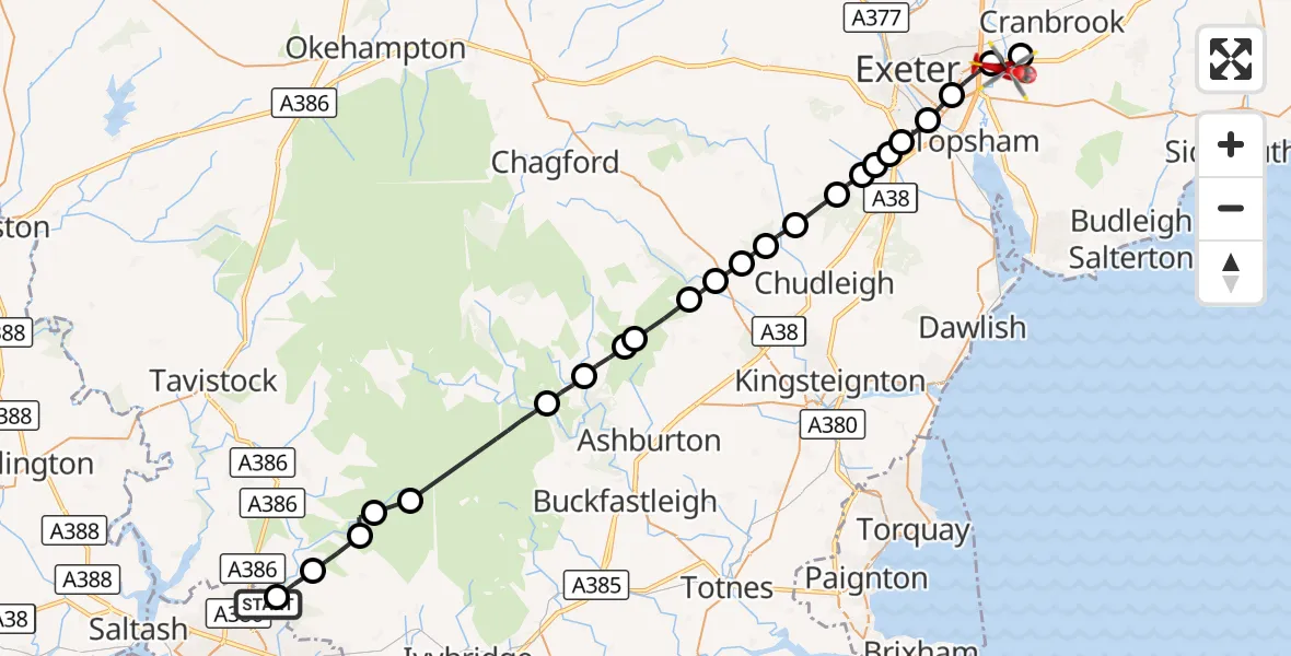 Flight route Air Ambulance Helicopter Glenholt - Clyst Honiton, 23 August 2026, 16:00