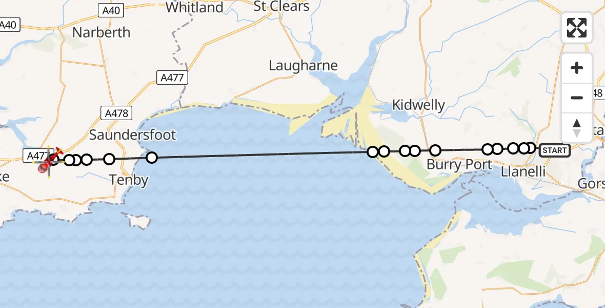 Flight route Air Ambulance Helicopter Dafen - RNAS Pembroke/RNAS Milton/RAF Carew Cheriton, 23 August 2026, 16:14