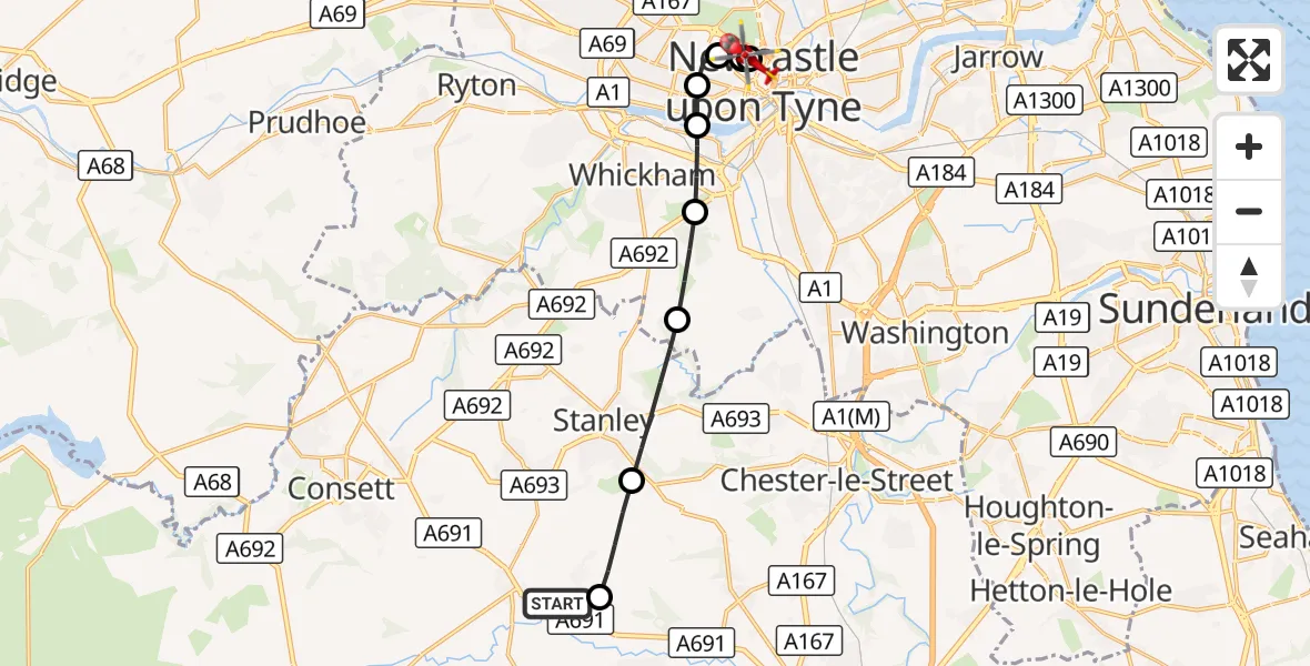 Flight route Air Ambulance Helicopter Lanchester - Newcastle Royal Victoria Infirmary, 23 August 2026, 16:15