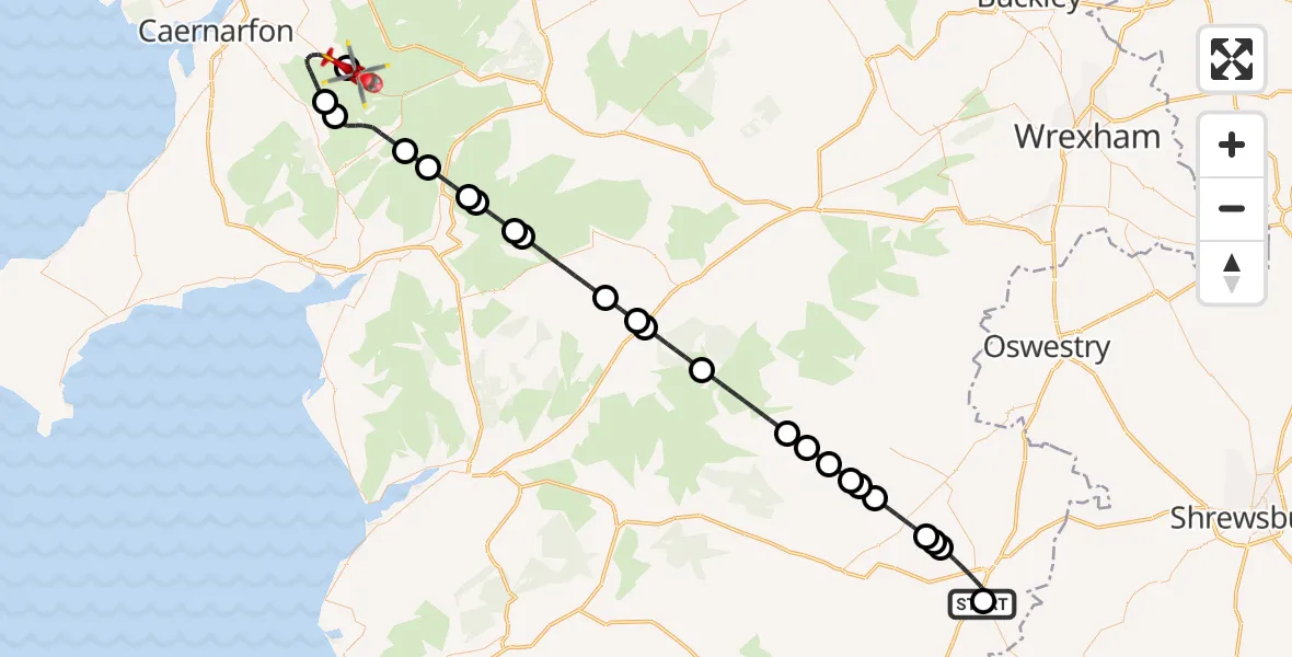 Flight route Air Ambulance Helicopter Welshpool Airport - Nant Peris, 23 August 2026, 16:20