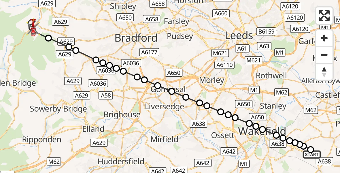 Flight route Air Ambulance Helicopter YAA Nostell Helicopter Port - Oxenhope, 23 August 2026, 16:24