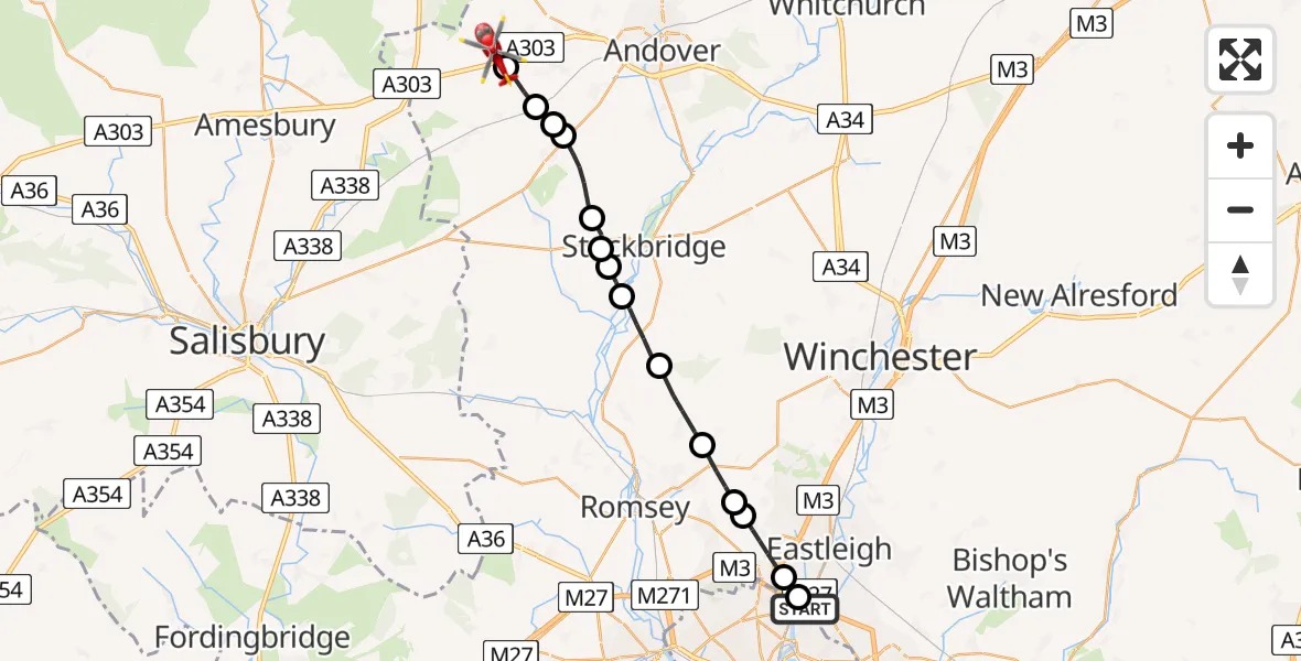 Flight route Air Ambulance Helicopter Mansbridge - Thruxton Aerodrome, 23 August 2026, 16:32