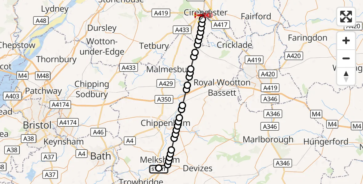 Flight route Air Ambulance Helicopter Wiltshire Air Ambulance - Cirencester, 23 August 2026, 16:35