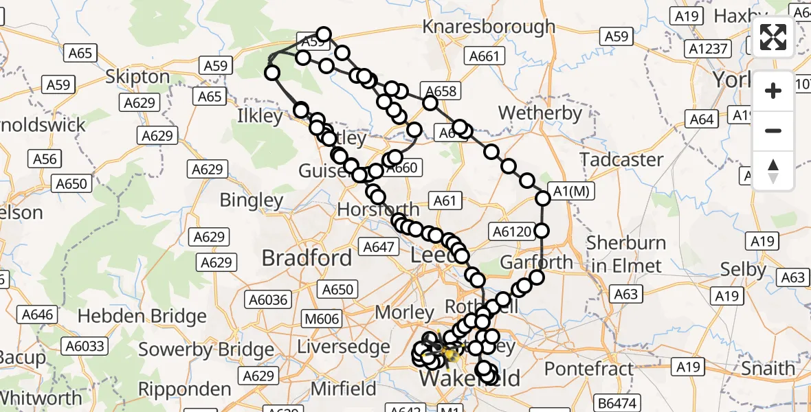 Flight route Police Helicopter East Ardsley - Ossett, 23 August 2026, 16:38