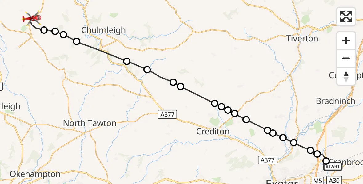 Flight route Air Ambulance Helicopter East Devon - Roborough, 23 August 2026, 16:38