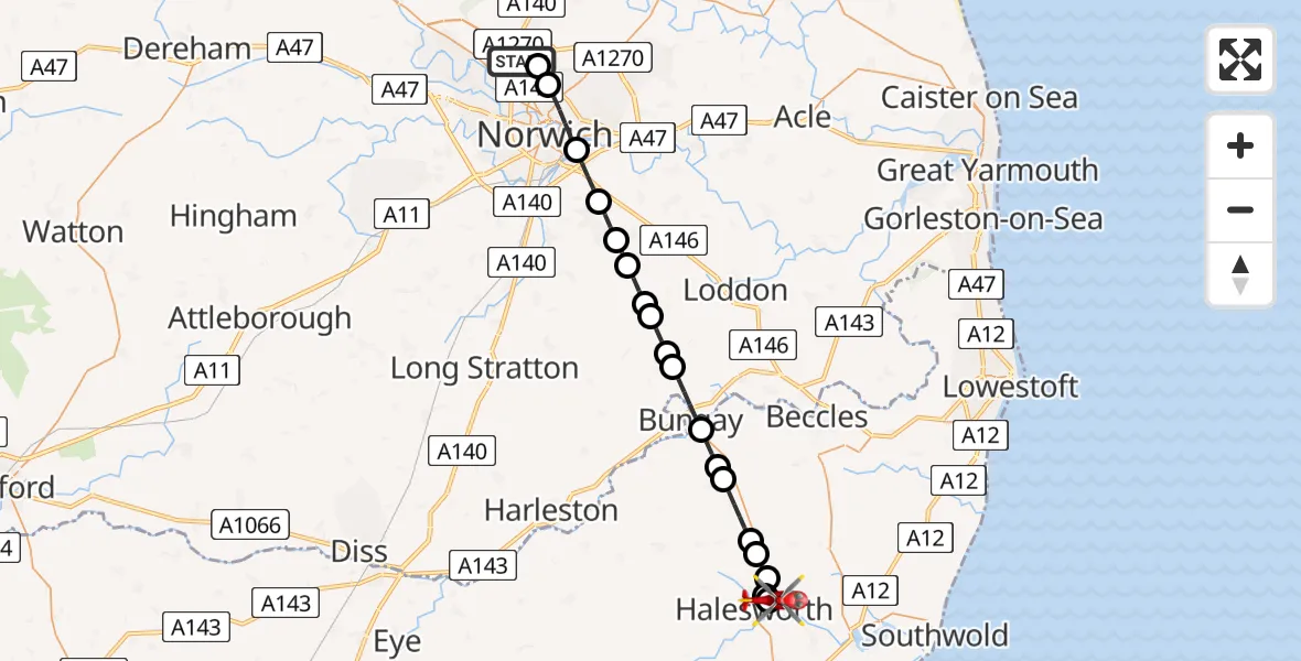 Flight route Air Ambulance Helicopter Norwich Airport - Holton, 23 August 2026, 16:46