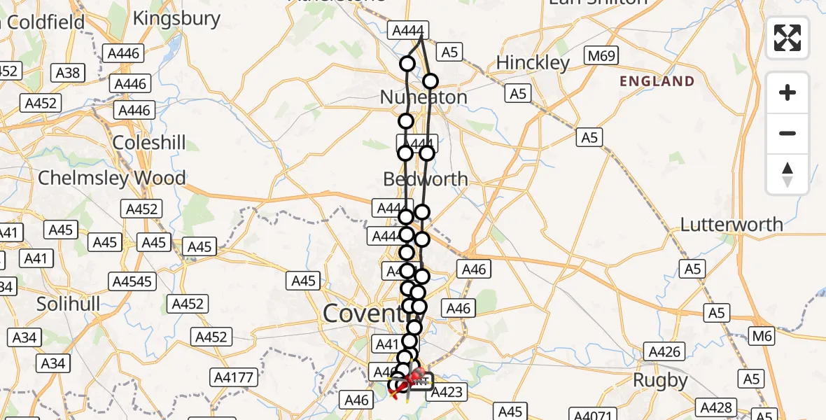 Flight route Air Ambulance Helicopter Coventry Airport - Coventry Airport, 23 August 2026, 16:57