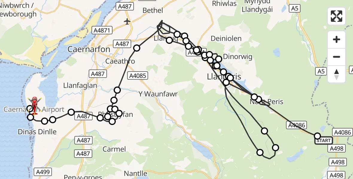 Flight route Air Ambulance Helicopter Beddgelert - Caernarfon Airport, 23 August 2026, 17:01