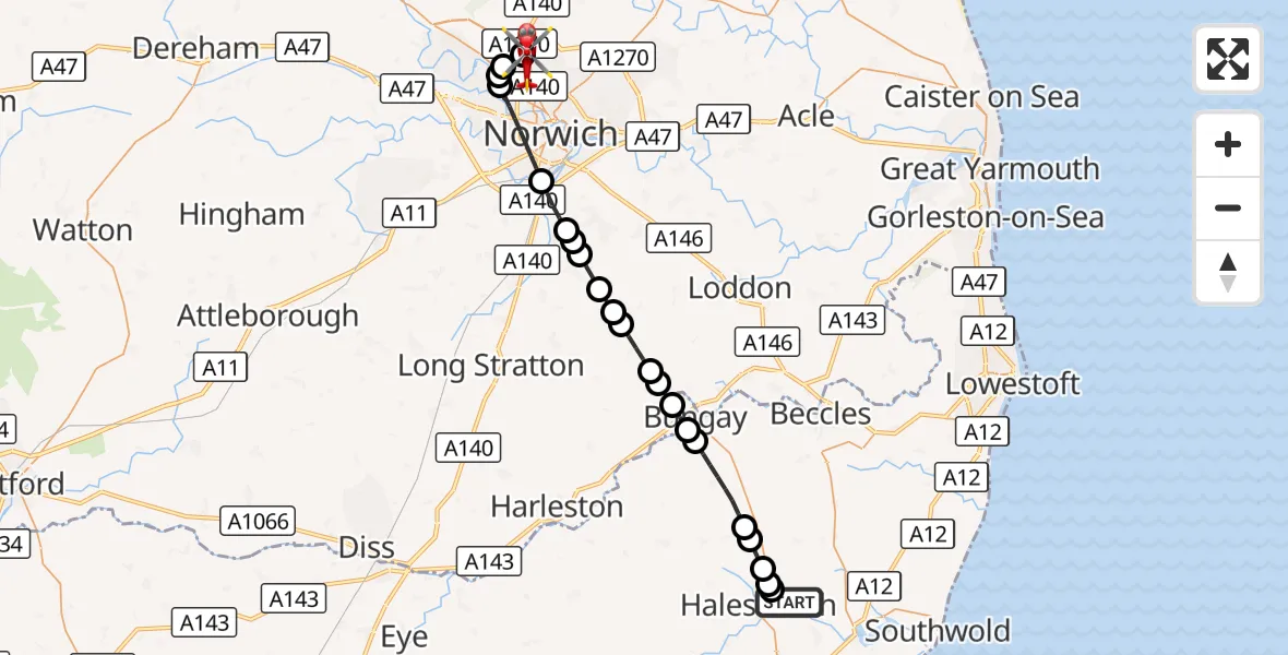 Flight route Air Ambulance Helicopter Holton - Norwich Airport, 23 August 2026, 17:03
