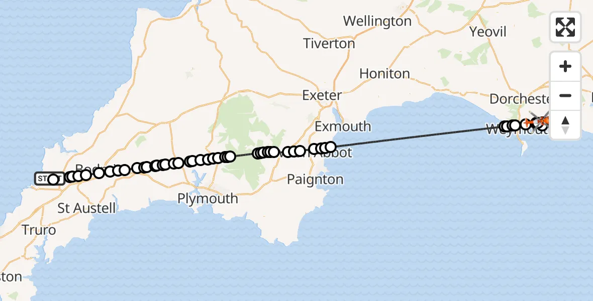 Flight route Coastguard Helicopter Cornwall Airport Newquay - Osmington, 23 August 2026, 17:07