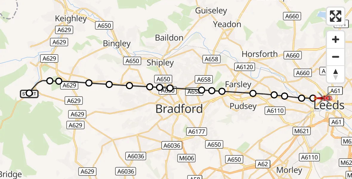 Flight route Air Ambulance Helicopter Oxenhope - Burley, 23 August 2026, 17:12