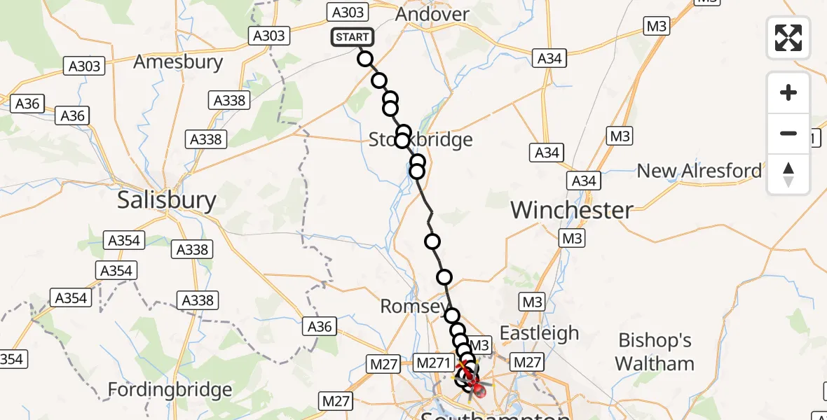 Flight route Air Ambulance Helicopter Amport - University Hospital Southampton, 23 August 2026, 17:32