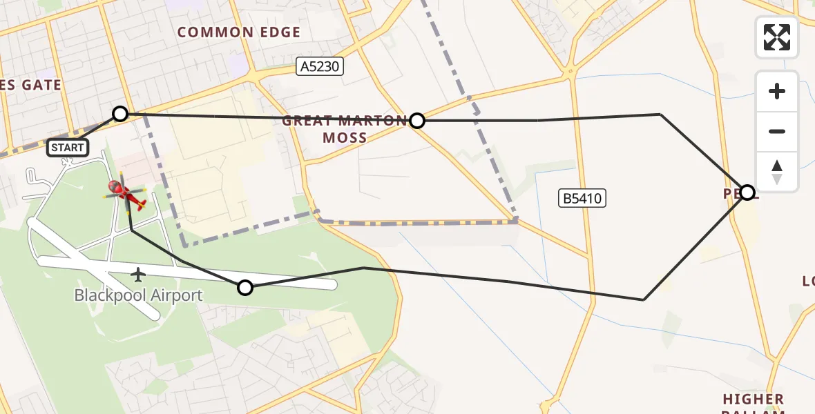 Flight route Air Ambulance Helicopter Blackpool Airport - Blackpool Airport, 23 August 2026, 17:34