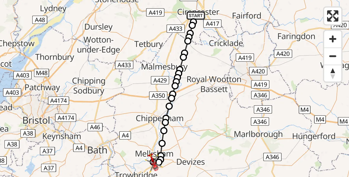 Flight route Air Ambulance Helicopter Cirencester - Wiltshire Air Ambulance, 23 August 2026, 17:46