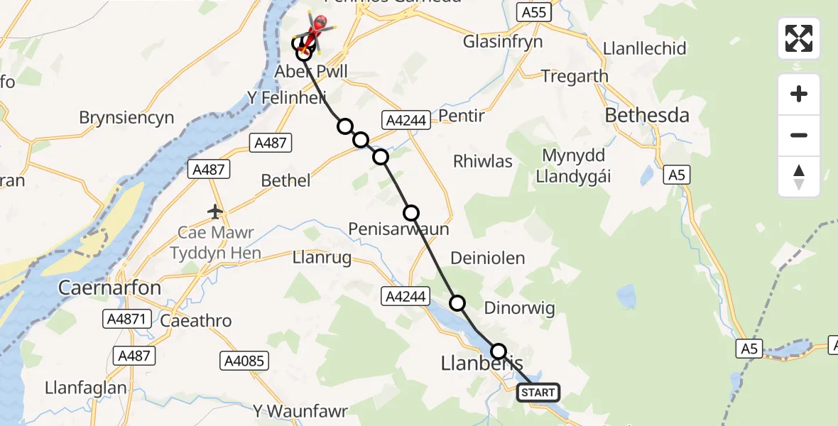 Flight route Air Ambulance Helicopter Llanberis - Aber Pwll, 23 August 2026, 17:48
