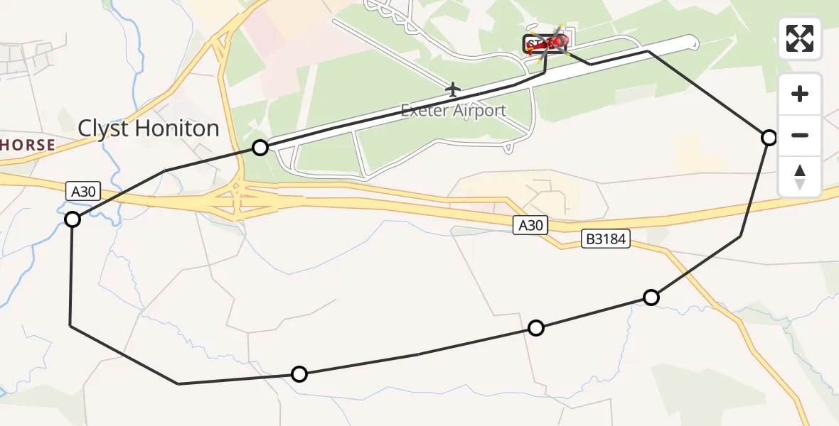 Flight route Air Ambulance Helicopter Exeter International Airport - Exeter International Airport, 23 August 2026, 17:50