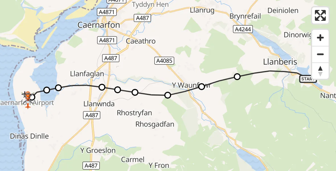 Flight route Coastguard Helicopter Llanberis - Caernarfon Airport, 23 August 2026, 17:57