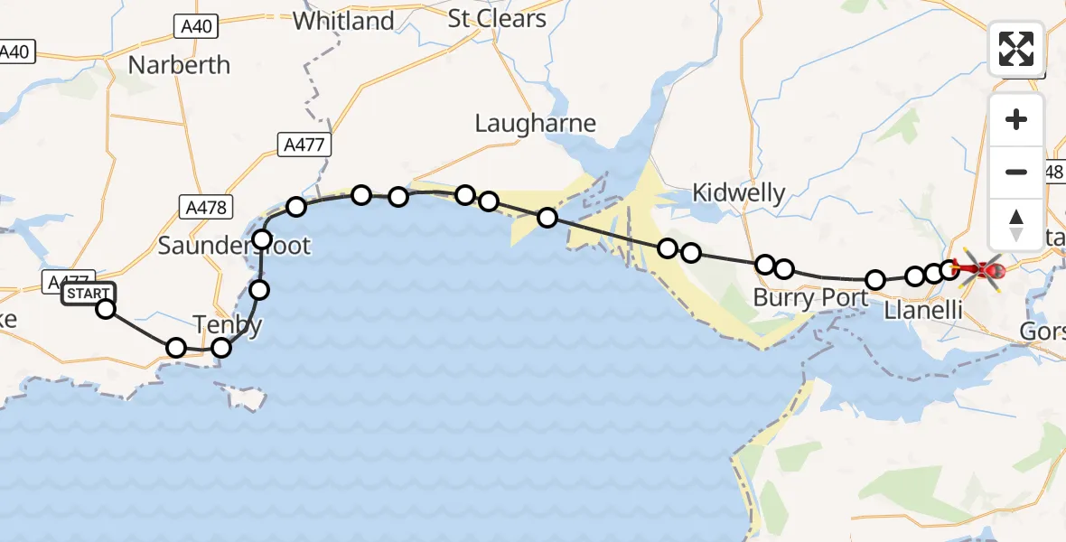 Flight route Air Ambulance Helicopter RNAS Pembroke/RNAS Milton/RAF Carew Cheriton - Dafen, 23 August 2026, 18:01