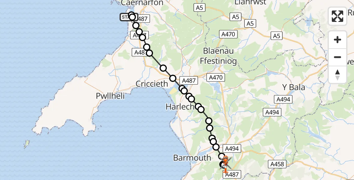 Flight route Coastguard Helicopter Caernarfon Airport - Arthog, 23 August 2026, 18:17