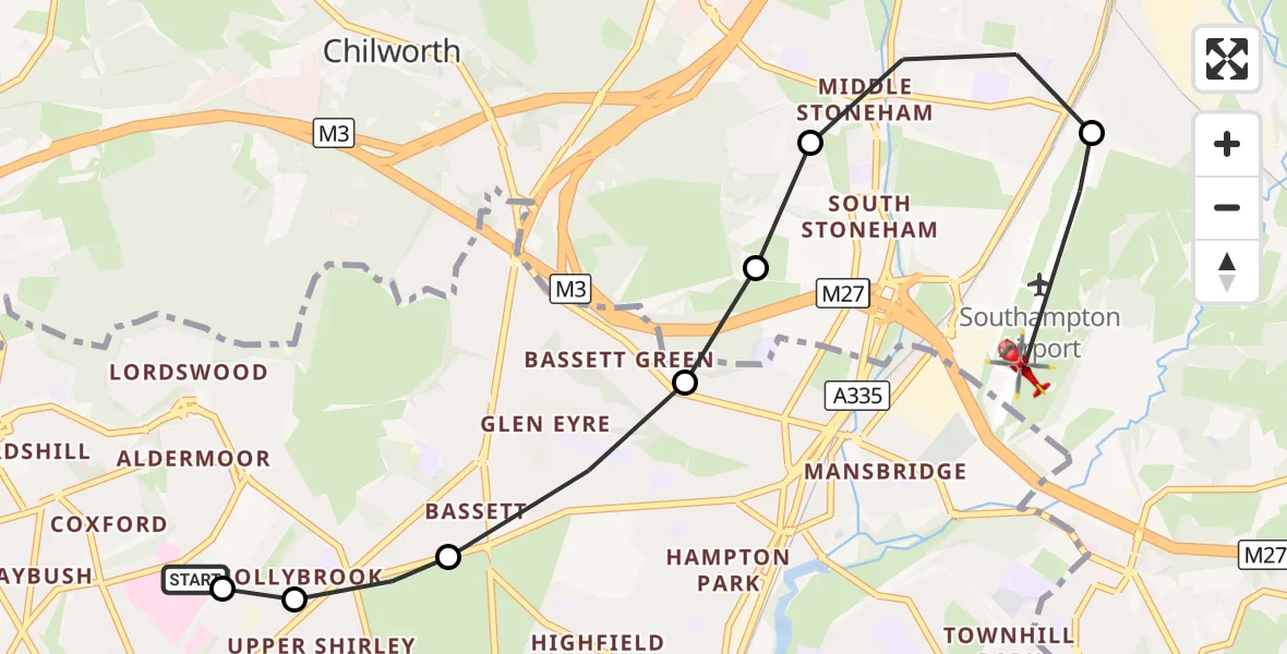 Flight route Air Ambulance Helicopter University Hospital Southampton - Southampton Airport, 23 August 2026, 18:19