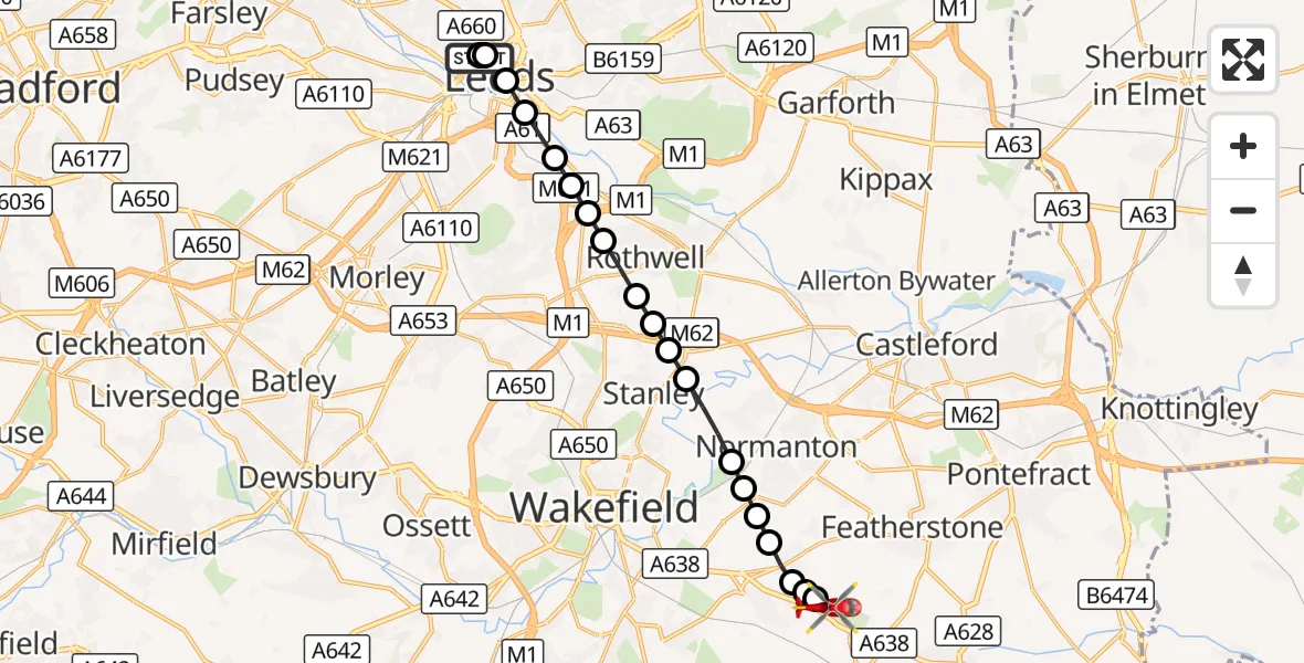 Flight route Air Ambulance Helicopter Woodhouse - YAA Nostell Helicopter Port, 23 August 2026, 18:20