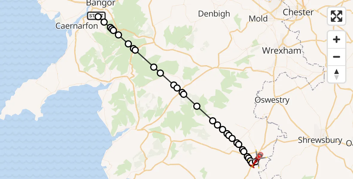 Flight route Air Ambulance Helicopter Pentir - Welshpool Airport, 23 August 2026, 18:36