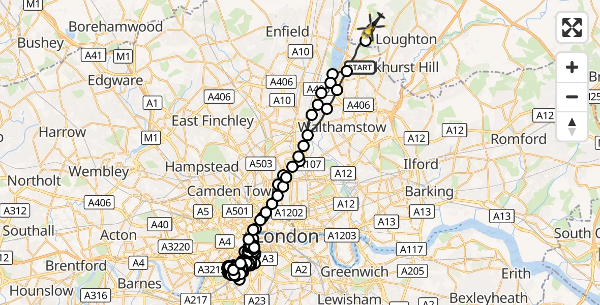 Flight route Police Helicopter Chingford - Sewardstonebury, 23 August 2026, 18:45