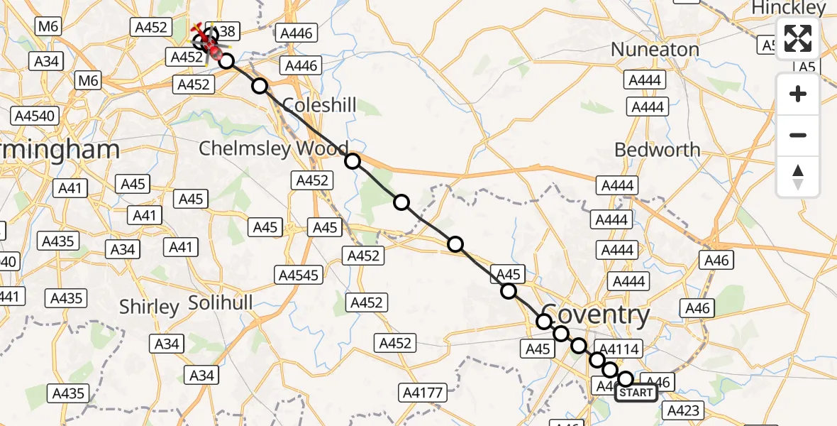 Flight route Air Ambulance Helicopter Coventry Airport - Tyburn, 23 August 2026, 18:48