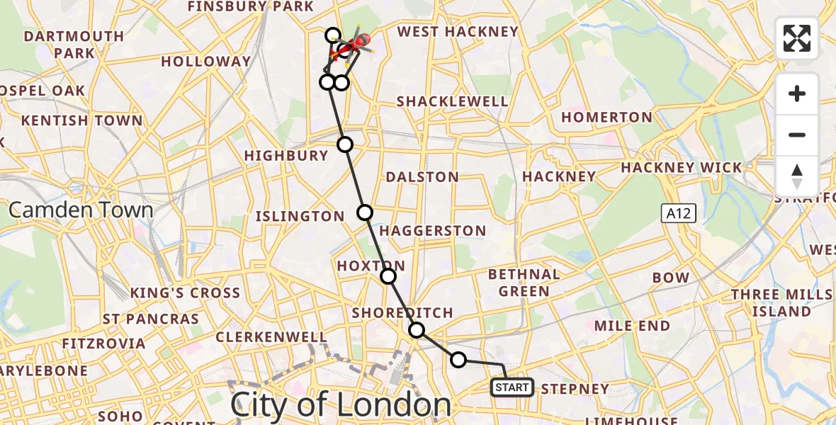 Flight route Air Ambulance Helicopter Royal London Hospital - Stoke Newington, 23 August 2026, 18:57