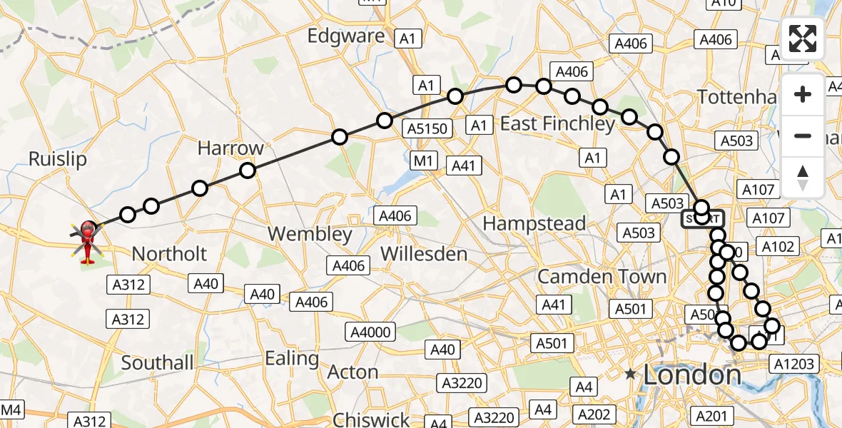 Flight route Air Ambulance Helicopter Highbury - RAF Northolt, 23 August 2026, 19:29