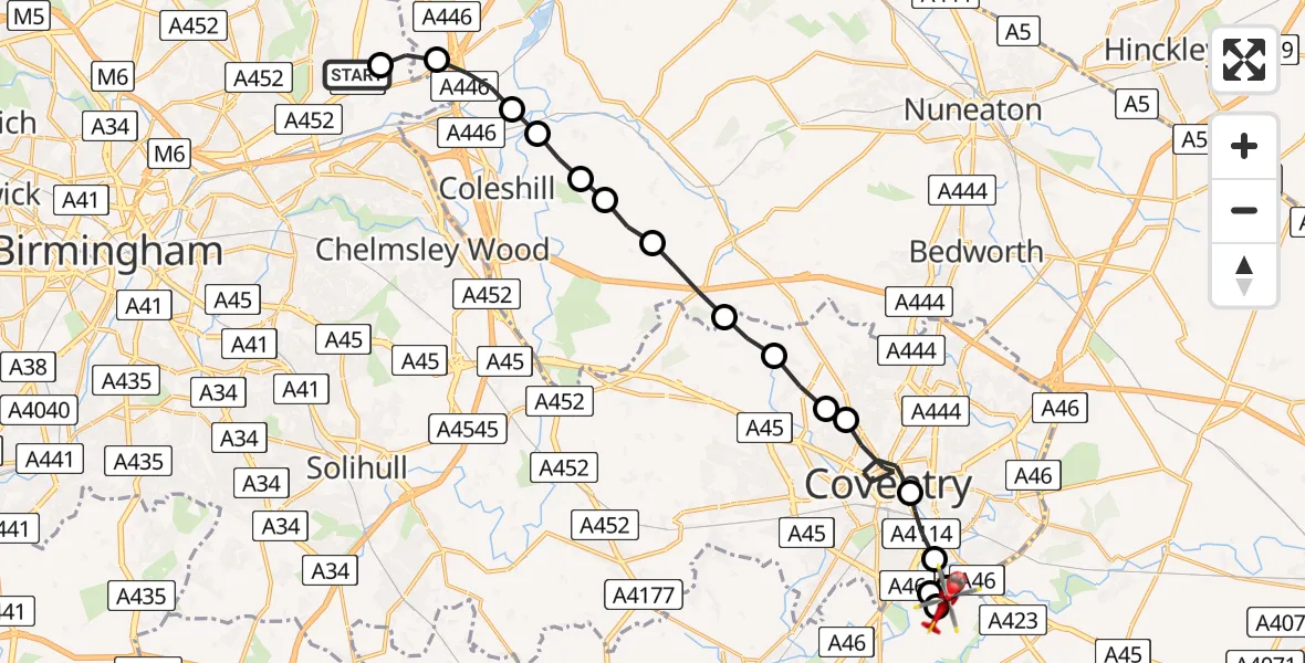 Flight route Air Ambulance Helicopter Sutton Coldfield - Coventry Airport, 23 August 2026, 19:33