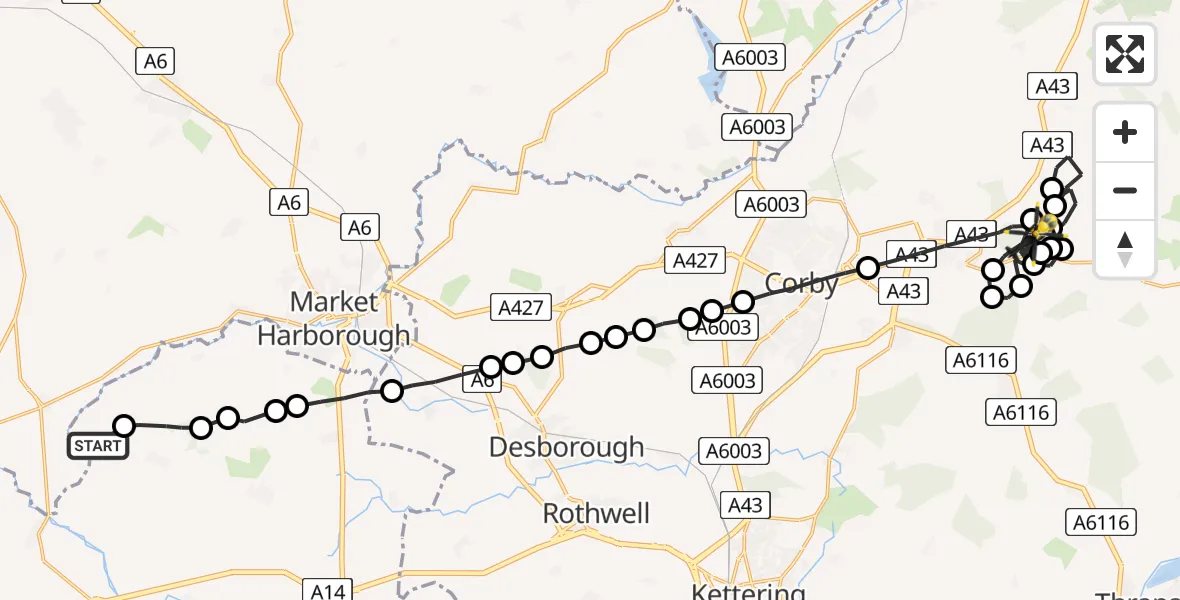 Flight route Police Helicopter Husbands Bosworth Airfield - Weldon, 23 August 2026, 22:03