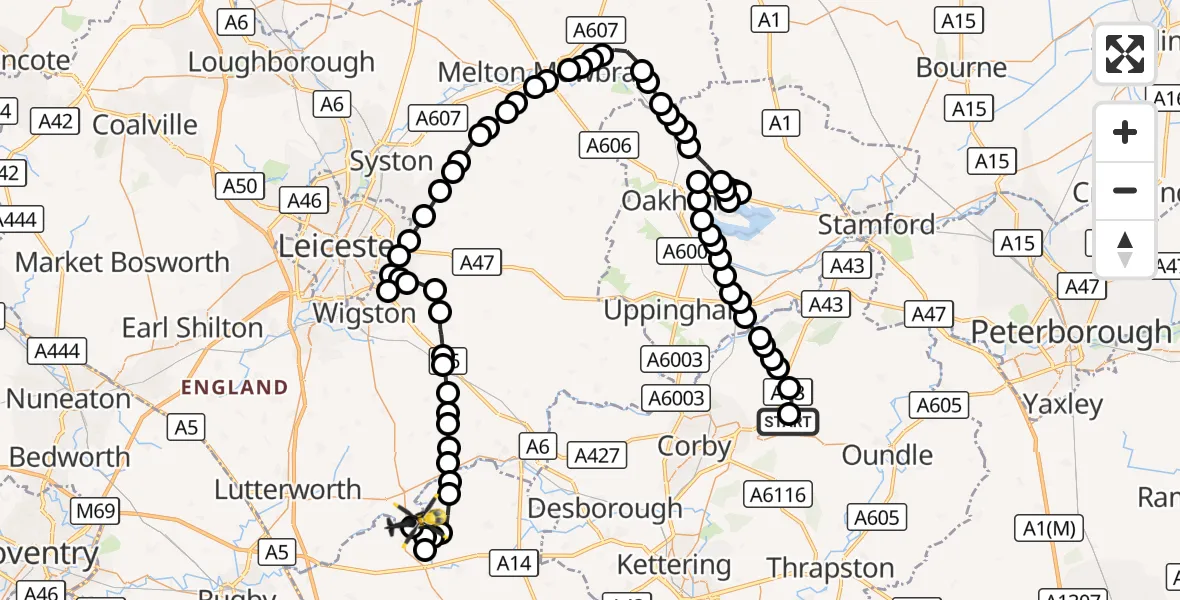 Flight route Police Helicopter Deenethorpe Airfield - Harborough, 23 August 2026, 22:28