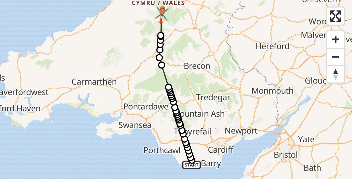 Flight route Coastguard Helicopter MOD St Athan - Llanwrtyd Wells, 23 August 2026, 23:12