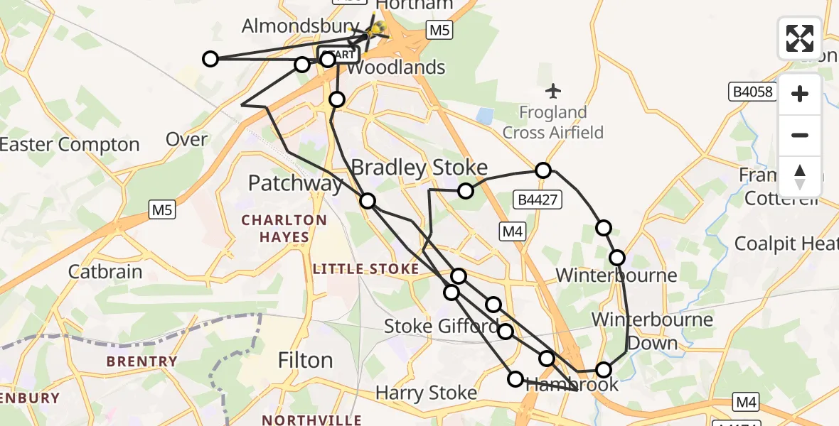 Flight route Police Helicopter Almondsbury Helicopter Base - Almondsbury Helicopter Base, 23 August 2026, 23:31